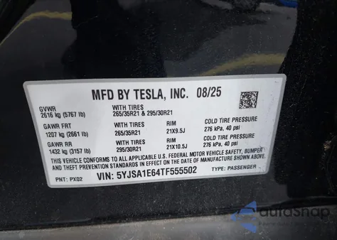 2026 Tesla Model S Plaid z USA, uszkodzony, nr VIN 5YJSA1E64TF555502